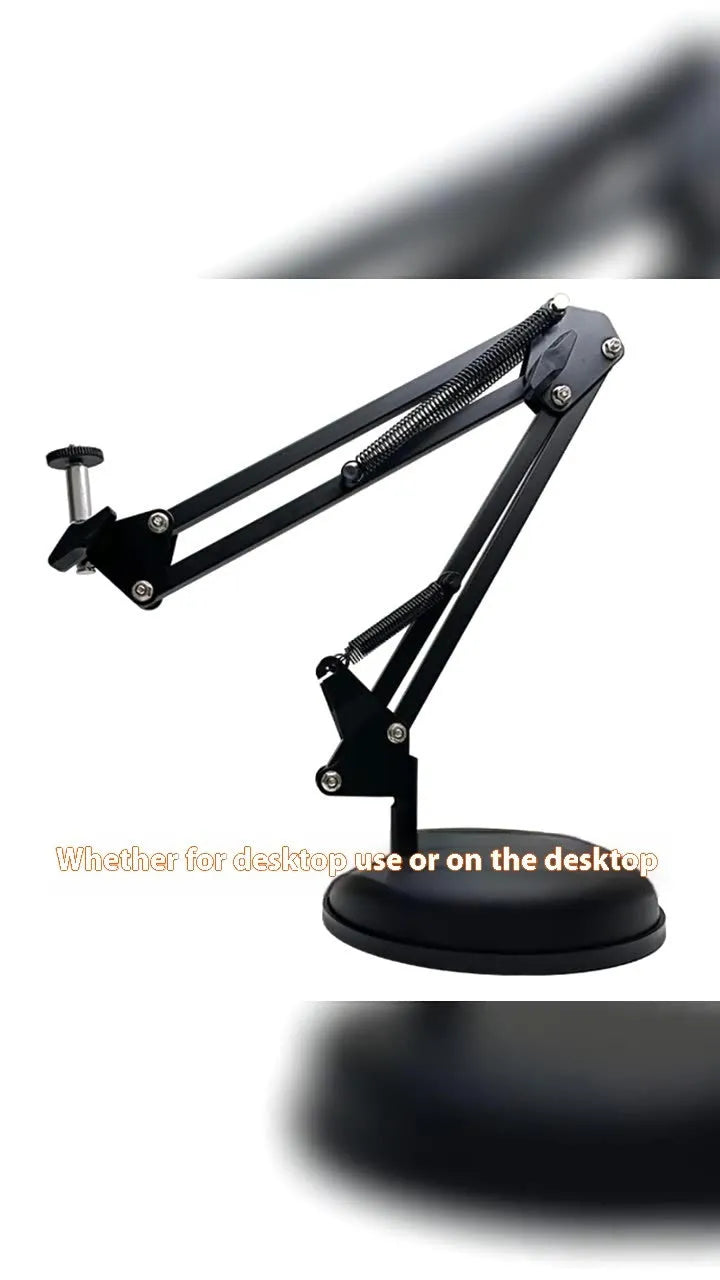 Black foldable metal desktop cantilever bracket with tablet clip extended to mounting position