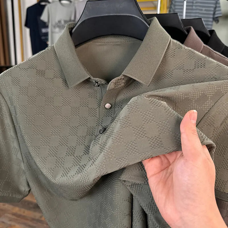 Rhombus patterned thin ice silk short sleeve t-shirt with a slit detail, shown in a colour option.