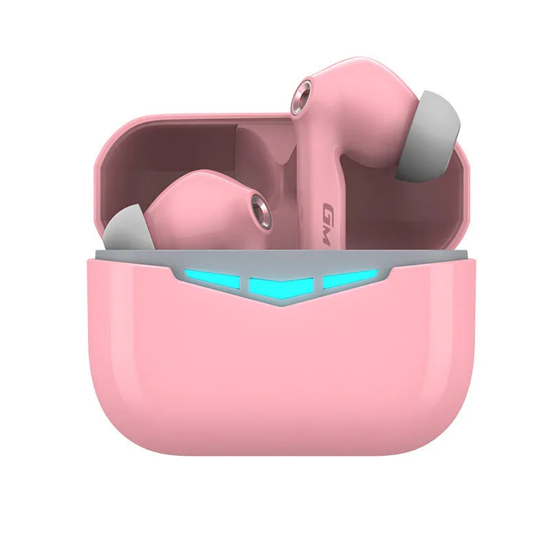 True wireless black gaming earbuds with charging case and spare silicone ear tips.