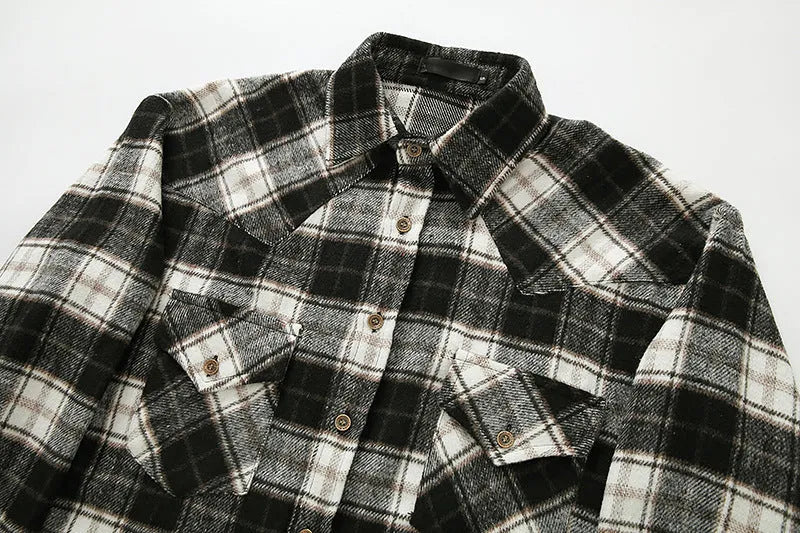 Men's long sleeve flannel plaid shirt jacket with corduroy contrast design on cuffs and collar, black colour