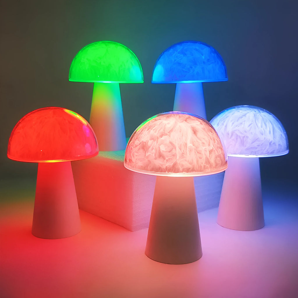 Mushroom-shaped remote control night lamp with RGB colour changing lights, measuring 9cm wide by 13.5cm tall