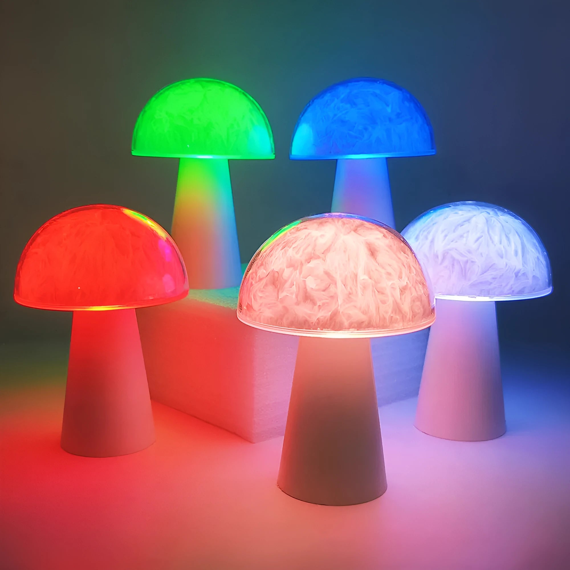 Mushroom-shaped remote control night lamp with RGB colour changing lights, measuring 9cm wide by 13.5cm tall