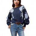 Sapphire Blue women's pullover sweater with flower jacquard pattern and loose casual fit