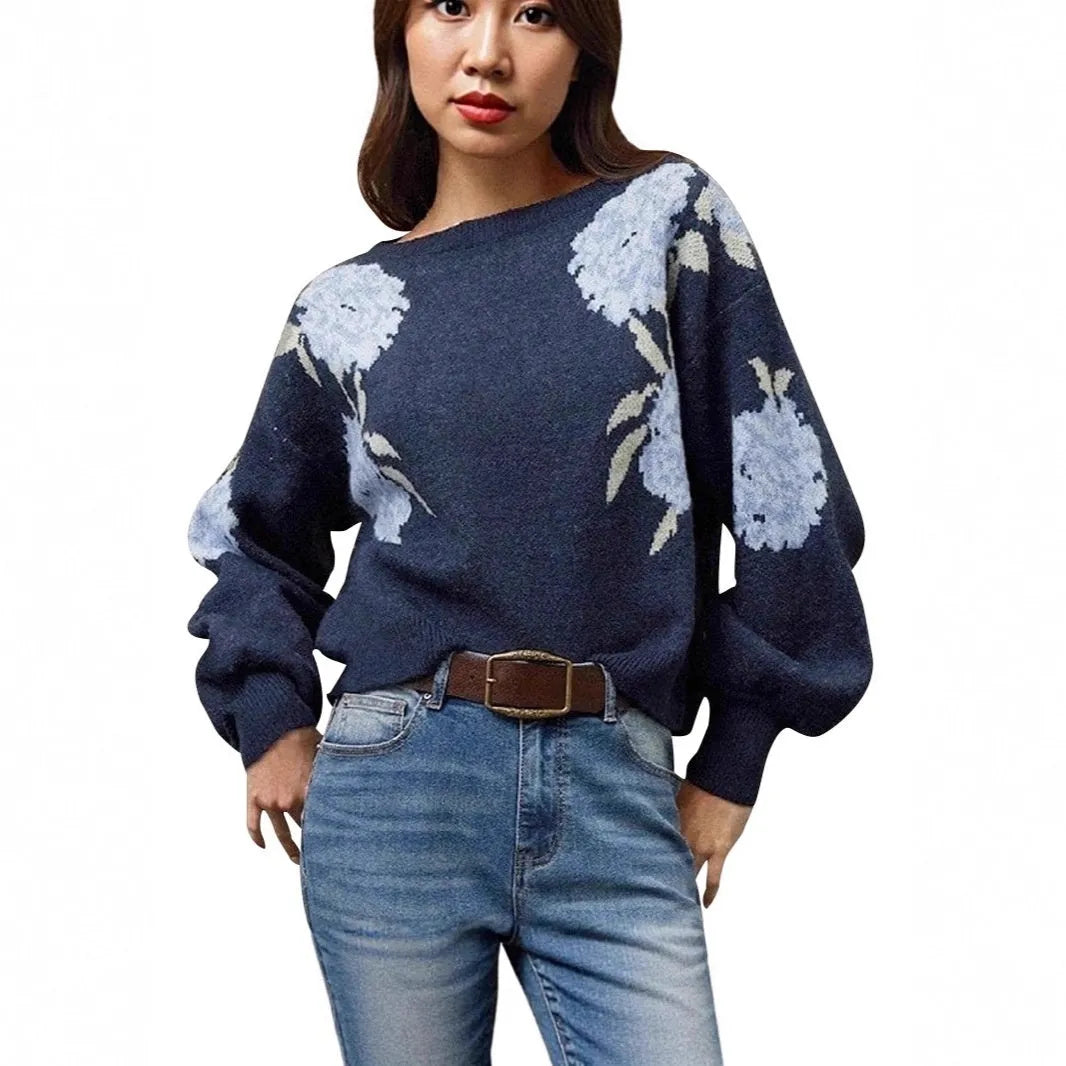 Sapphire Blue women's pullover sweater with flower jacquard pattern and loose casual fit