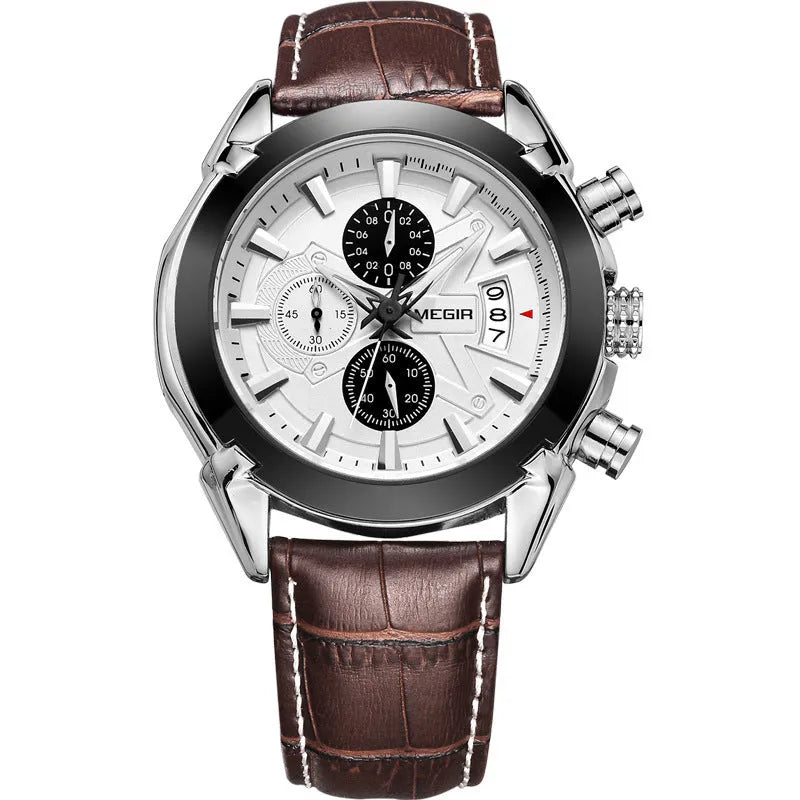 Men's quartz chronograph watch with three sub-dials, luminous hands, 15mm thickness, black and brown colour options