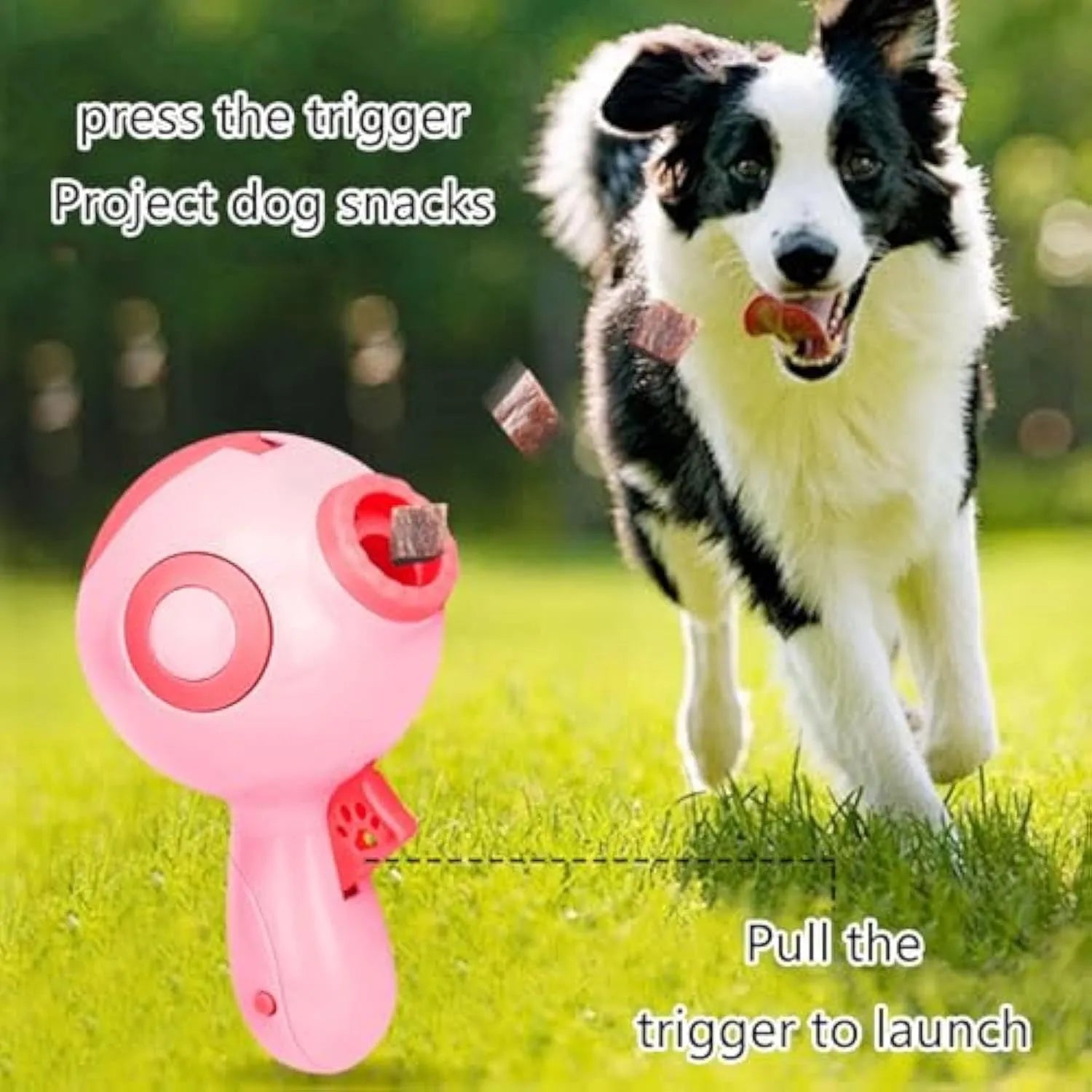Green, orange, and pink plastic interactive dog treat launcher toy with remote feeding function.