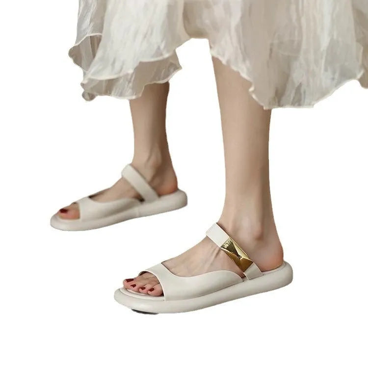 Apricot and white casual leather peep toe flat sandals with a rubber sole platform