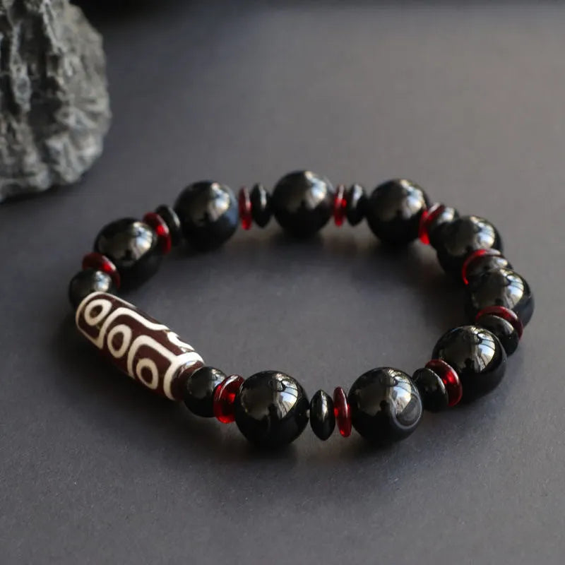 Hand-woven black agate dzi bead bracelet with 11mm geometry beads