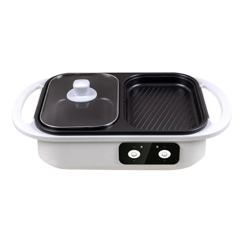 Green and white electric hot pot appliance with mechanical dials, showing dimensions of 390mm by 220mm.