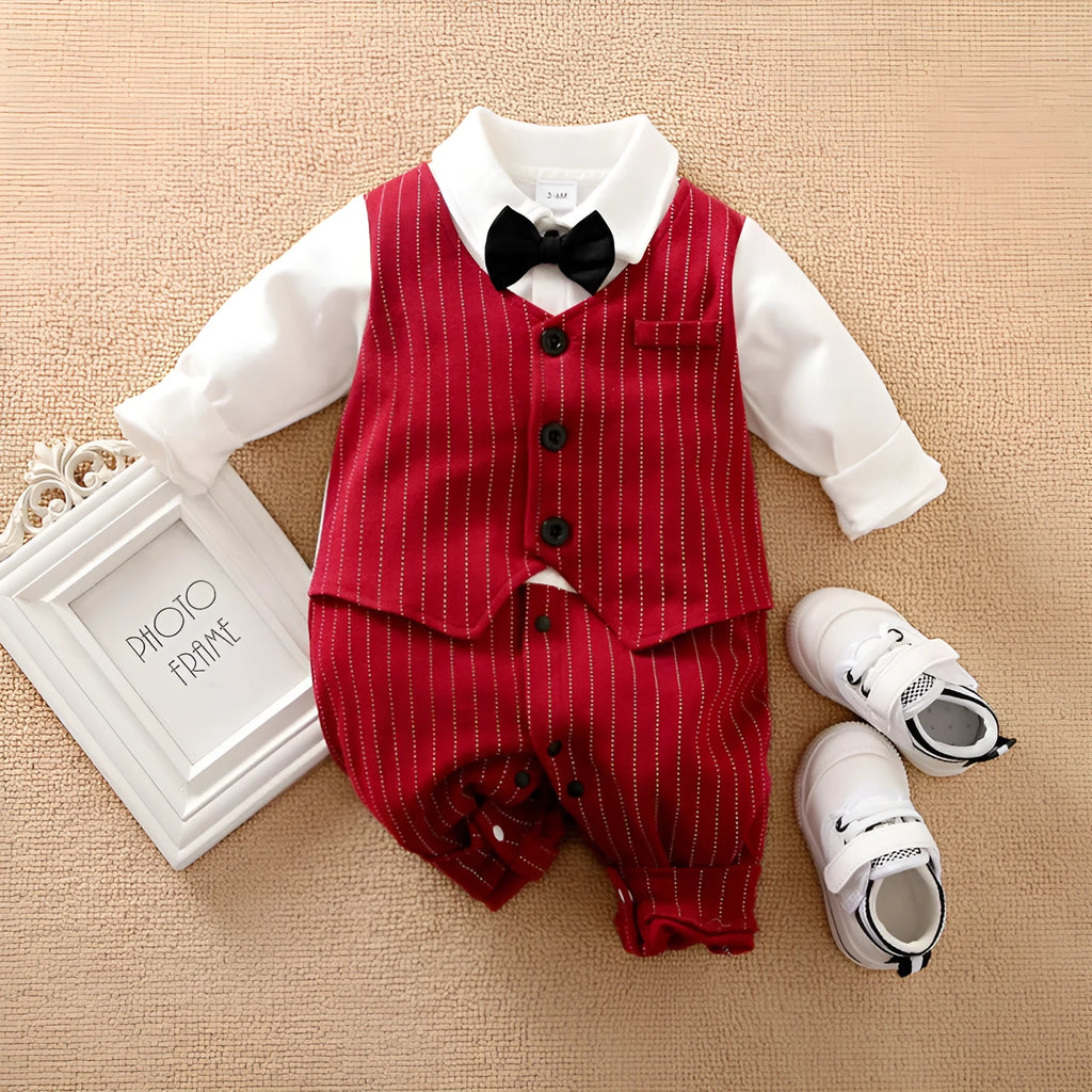 Wine red cotton baby boy romper suit with long sleeves for autumn wear.