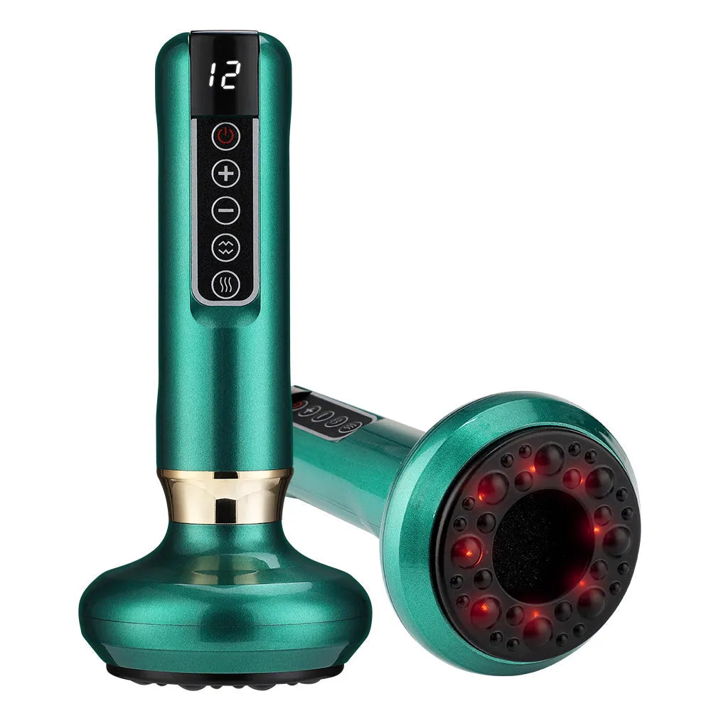 Green electric vacuum cupping massager device with USB charger on a white background.