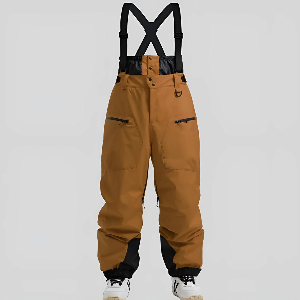 Men's black waterproof ski trousers with a thickened strap on flame-retardant linen fabric.