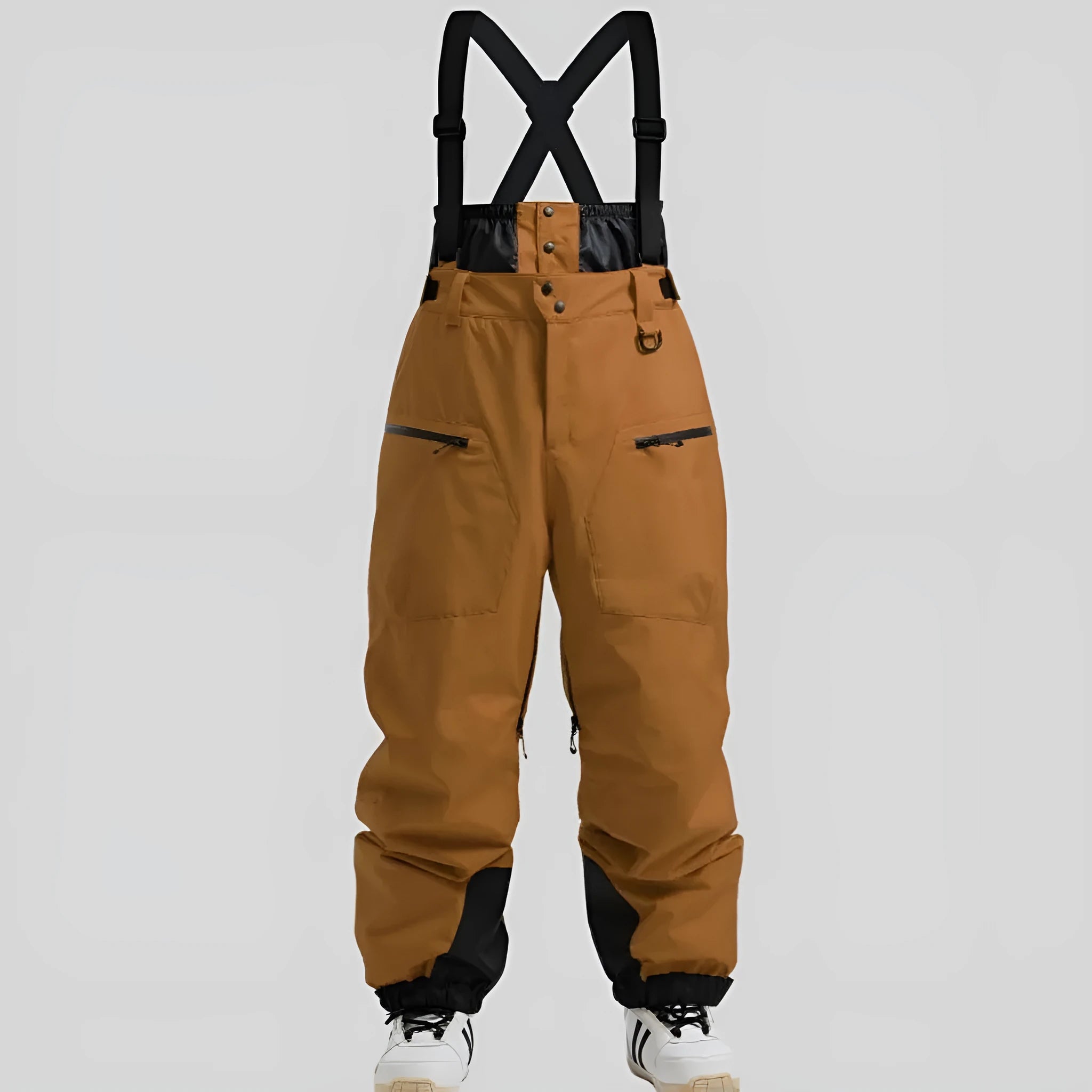 Men's black waterproof ski trousers with a thickened strap on flame-retardant linen fabric.