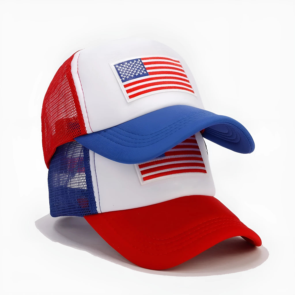 Red and blue contrast mesh breathable baseball cap with adjustable strap and dome crown.