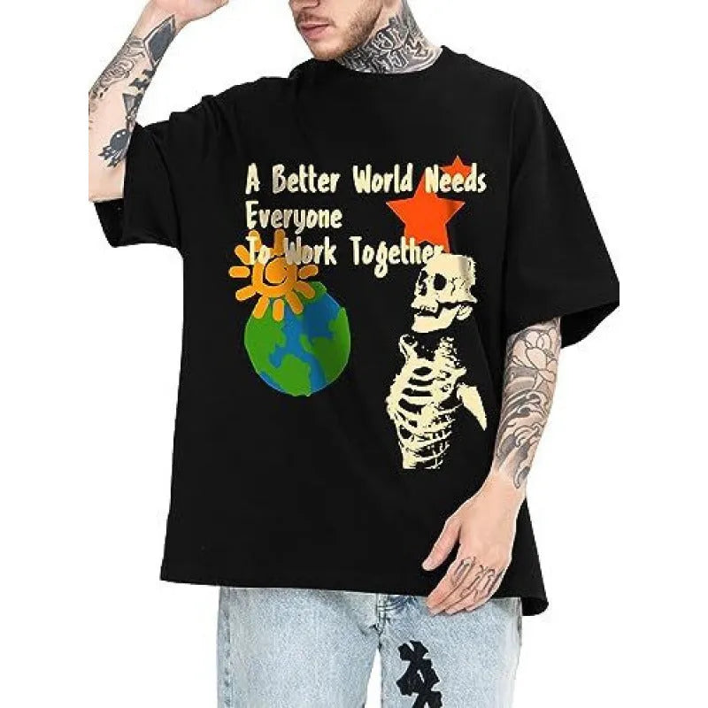 Men's grey printed streetwear short-sleeved sports T-shirt on a hanger.