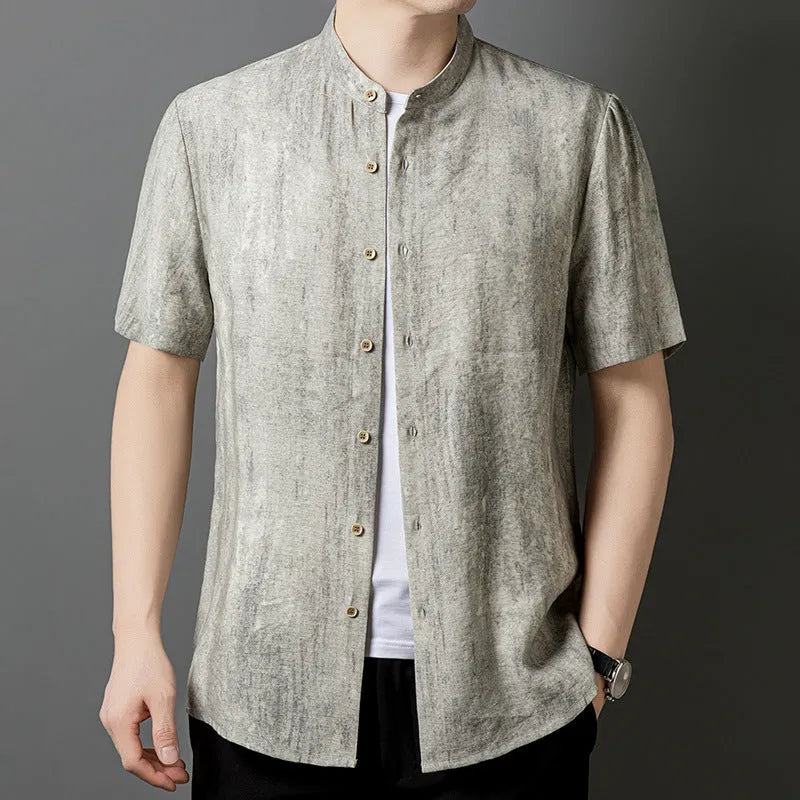 Men's loose fit linen-style shirt with stand collar in viscose blend fabric