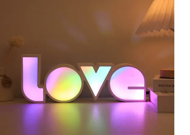 LED LOVE light with rainbow style lampshade measuring 35.5x13.5cm for decorative room and event lighting