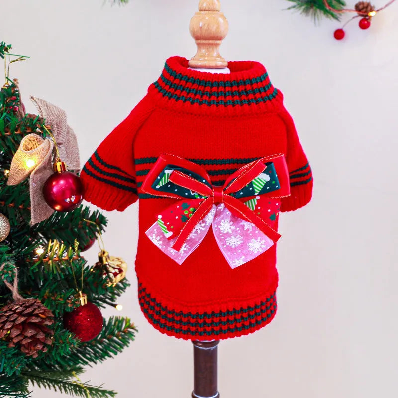 Dog wearing red Christmas jumper with weight-based sizing guide for festive pet clothing
