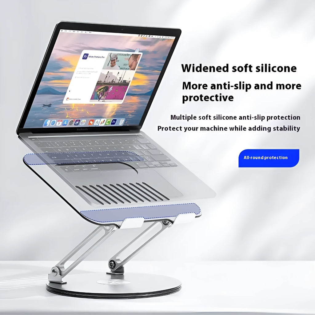 Silver aluminium alloy laptop stand with rotatable lift-up design in folded position