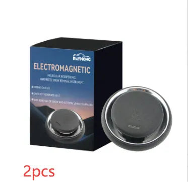 Black portable car deicing instrument measuring 7.4x7.4x1.6cm for melting snow and ice on vehicle windscreens
