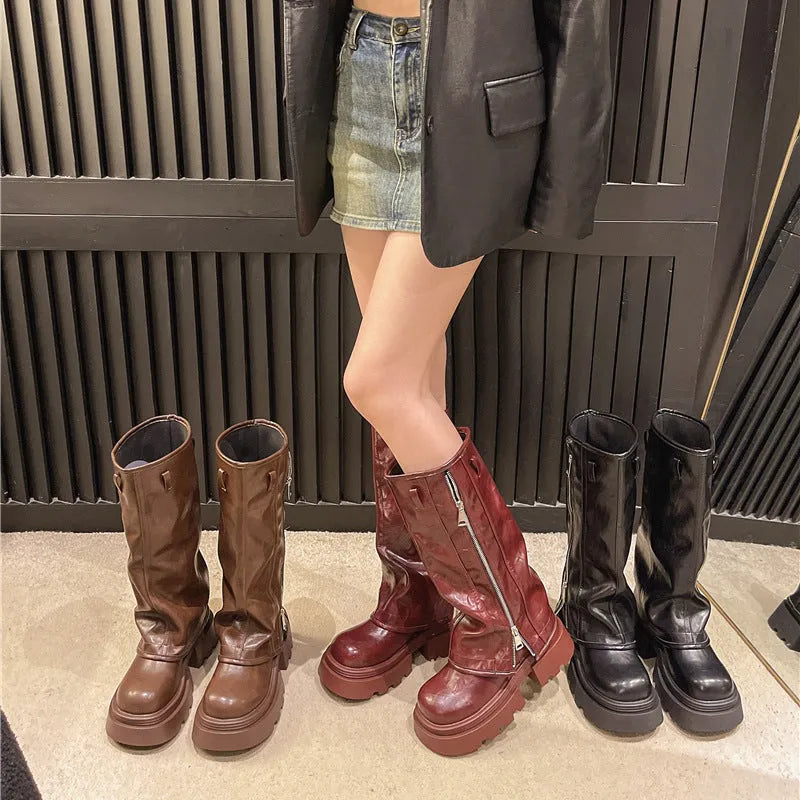Women's platform muffin pants Martin boots with square heel in black, brown or wine red