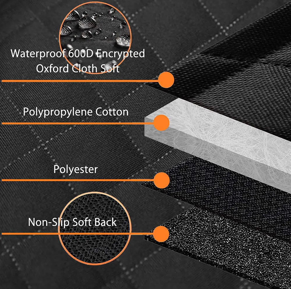 Black waterproof pet car seat cover with orange edging, shown as a hammock with mesh window