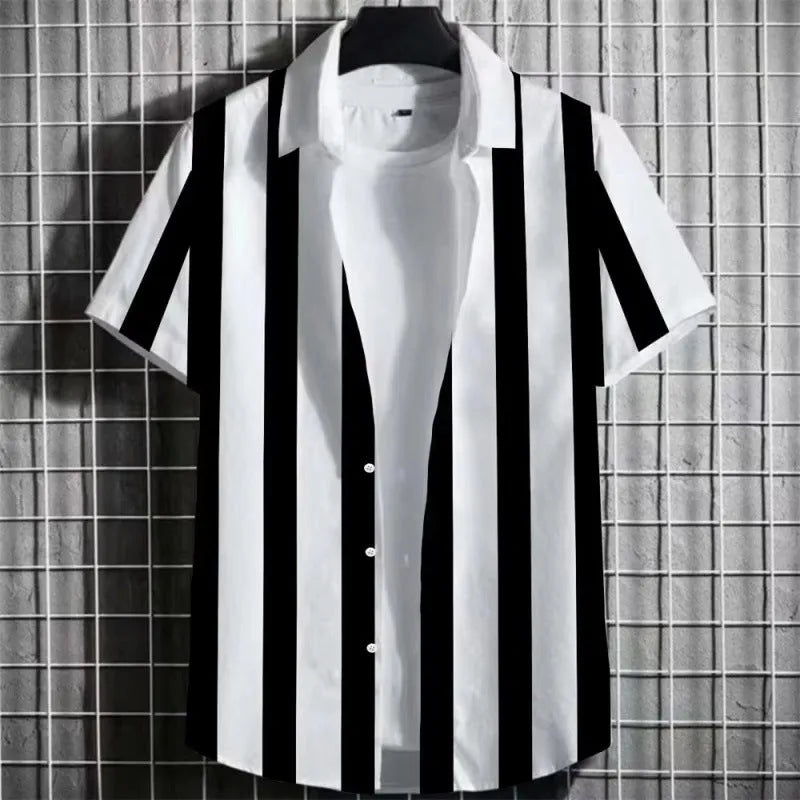 Man wearing a striped linen short sleeve t-shirt with a 3D printed graphic design.