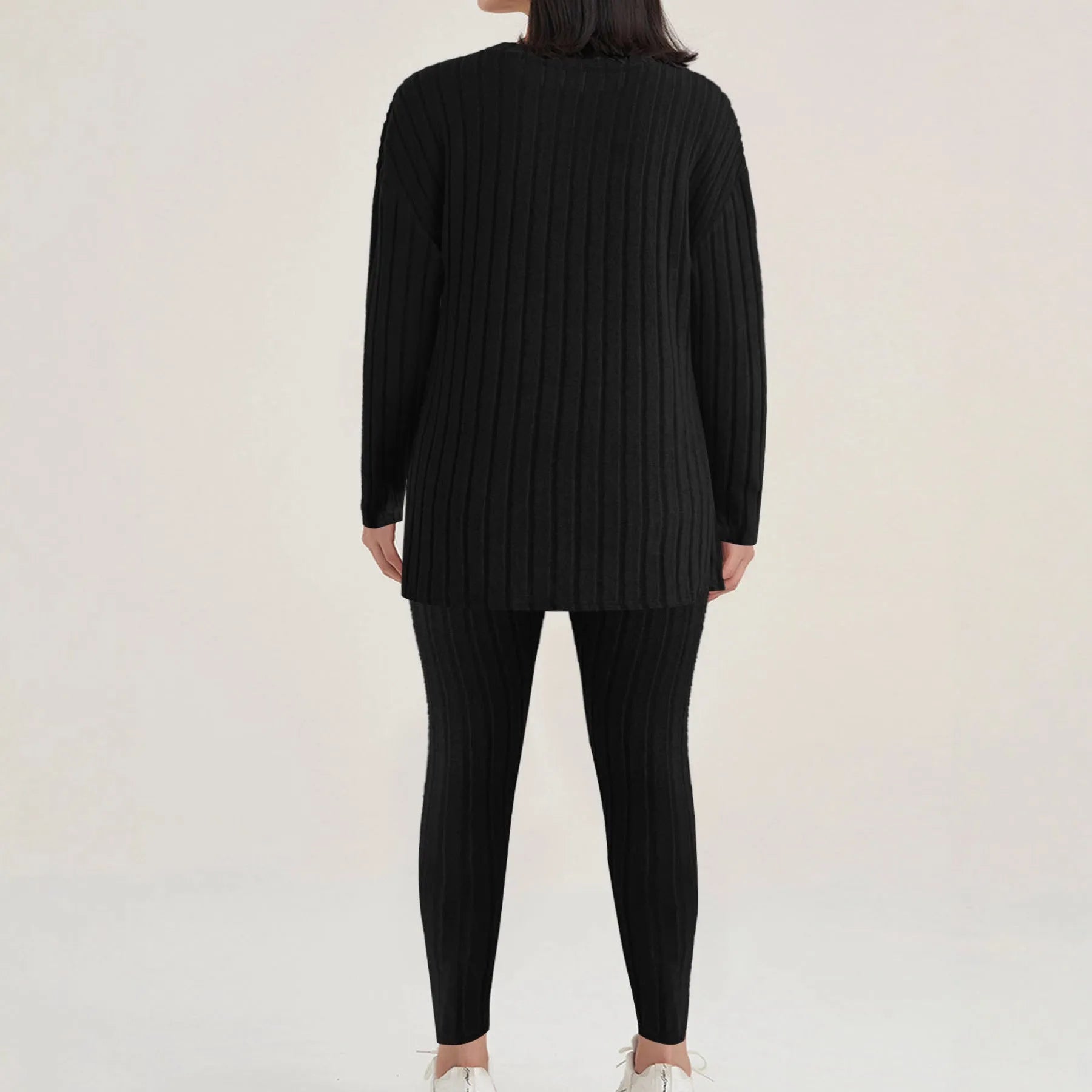 Black sunken stripe two-piece home exercise set with regular-sleeve top and matching pants
