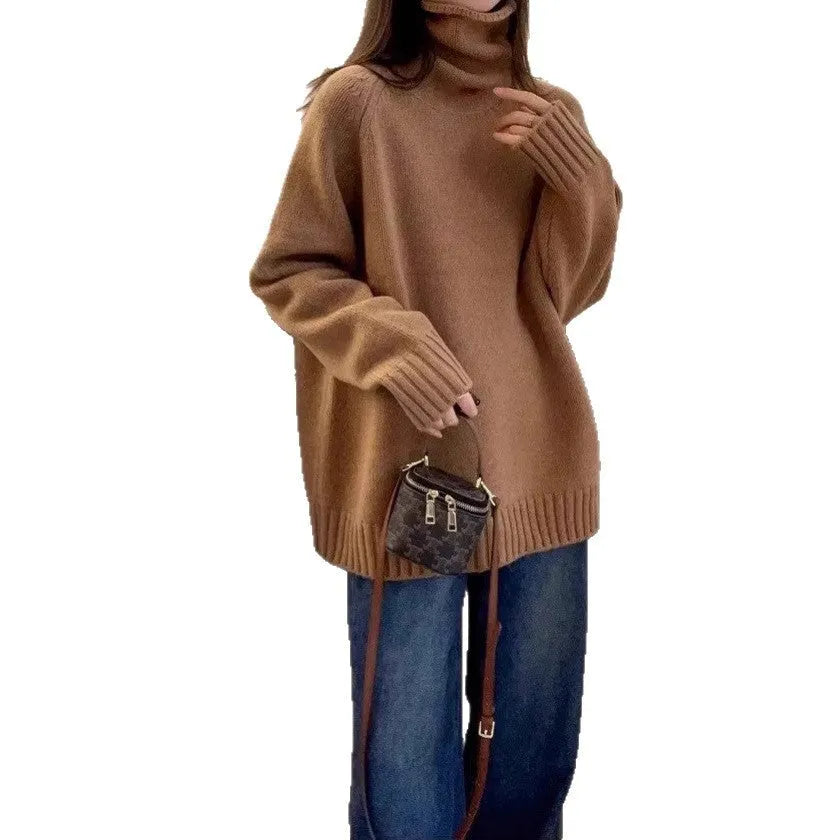 Women's loose fit red turtleneck sweater with a thick 3D curling pile collar on a neutral background.