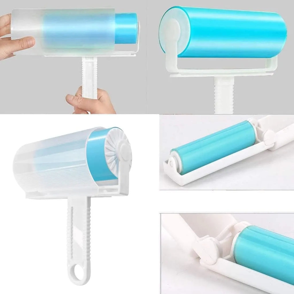 Blue washable reusable lint roller with cover for removing pet hair from clothes