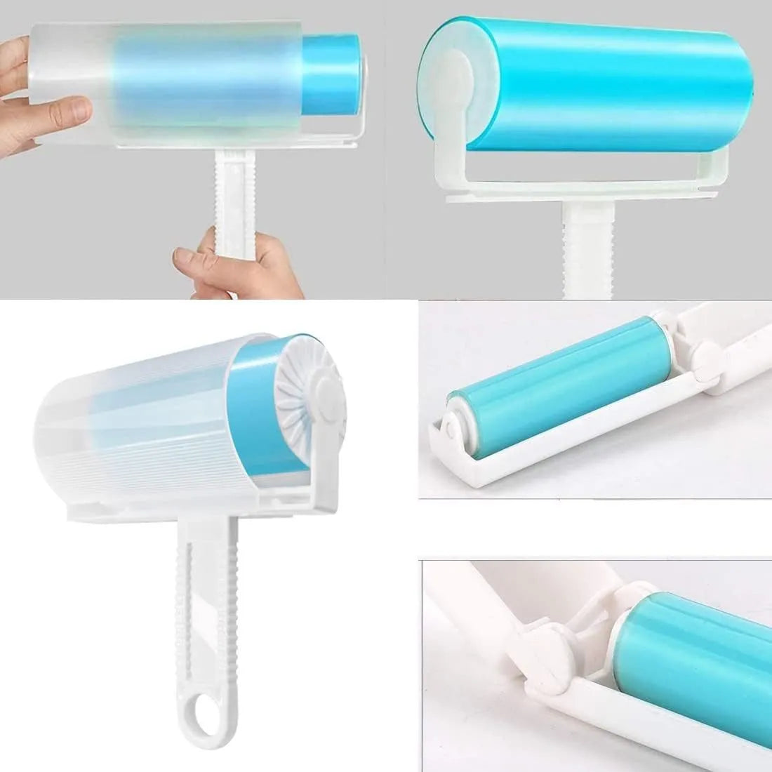 Blue washable reusable lint roller with cover for removing pet hair from clothes