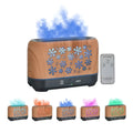 Square woodgrain aromatherapy humidifier with colourful snowflake pattern and multicoloured flame light effect.