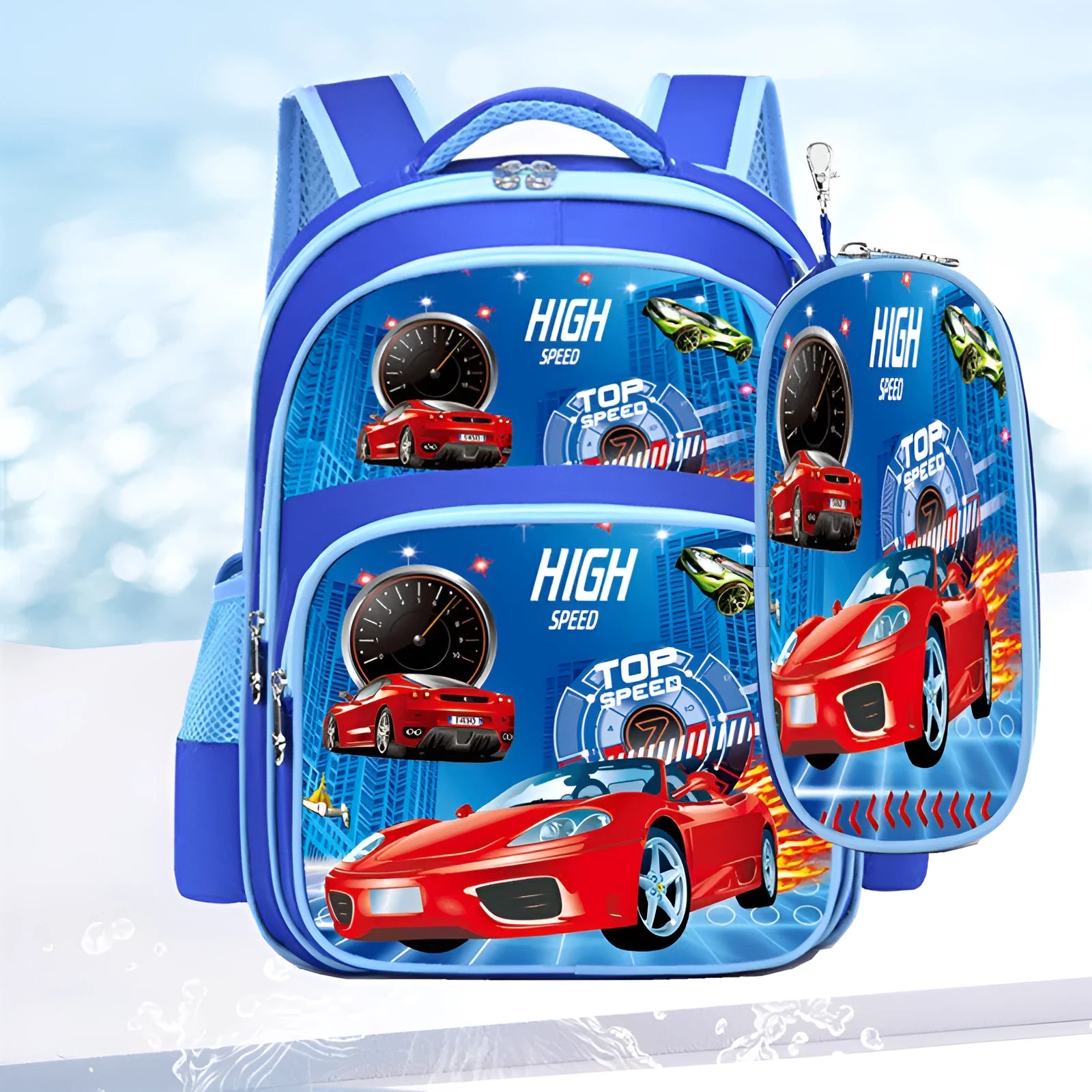 Blue children's cartoon print school backpack with pencil case, shown with dimensions 30cm by 14cm by 42cm.