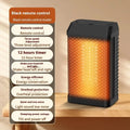 Black remote-controlled desktop heater with oscillating head on a wooden surface.