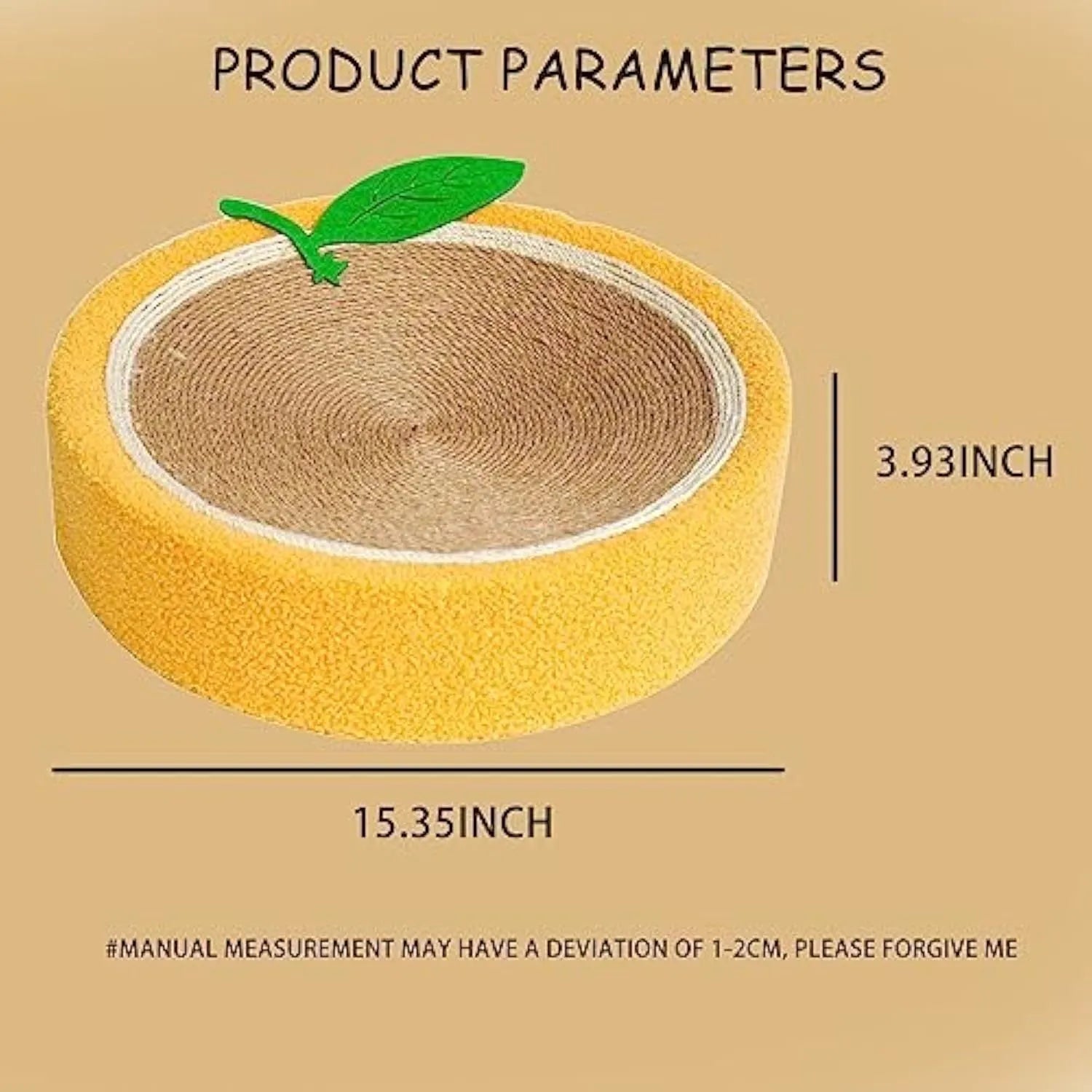 Yellow round sisal cat scratching board with concave centre forming a bed