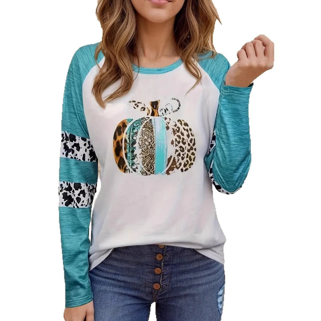 Sky blue Halloween pumpkin 3D printed T-shirt with Japanese Korean casual style