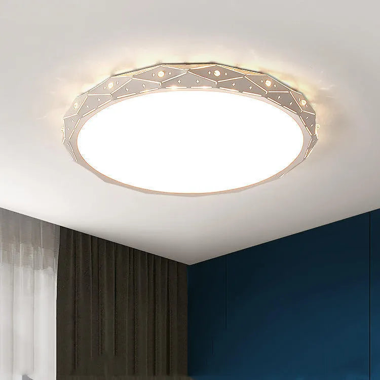 Round LED ceiling light with black iron frame and dimmable function for room illumination.