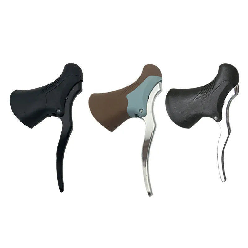 Pair of aluminium alloy road bike brake handles in black silver finish, showing clamp for handlebar.