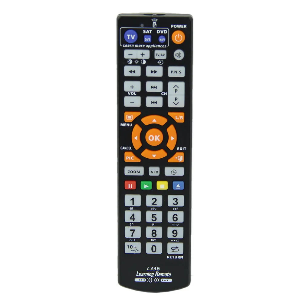 Black L336 universal learning remote control showing button layout and infrared transmitter