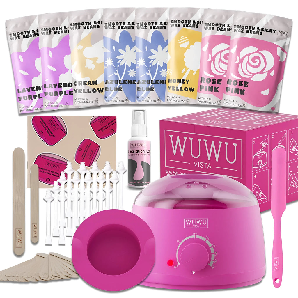 WUWUVISTA 63-piece waxing kit with black wax warmer, wax beads, lotion, and waxing sticks