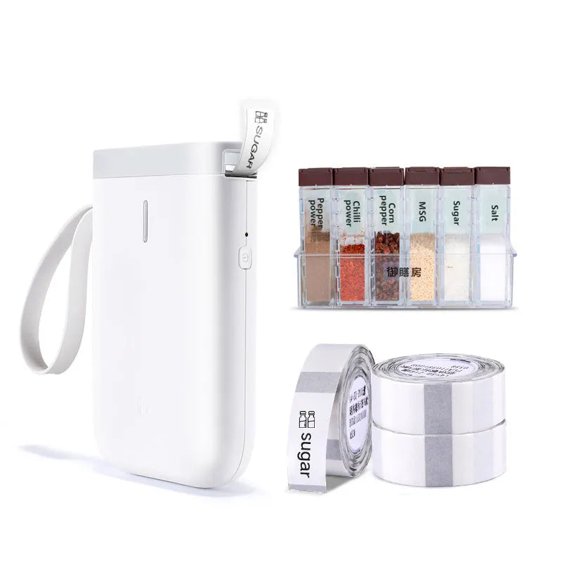 D11 Bluetooth thermal label printer in chosen colour next to smartphone showing label design app.