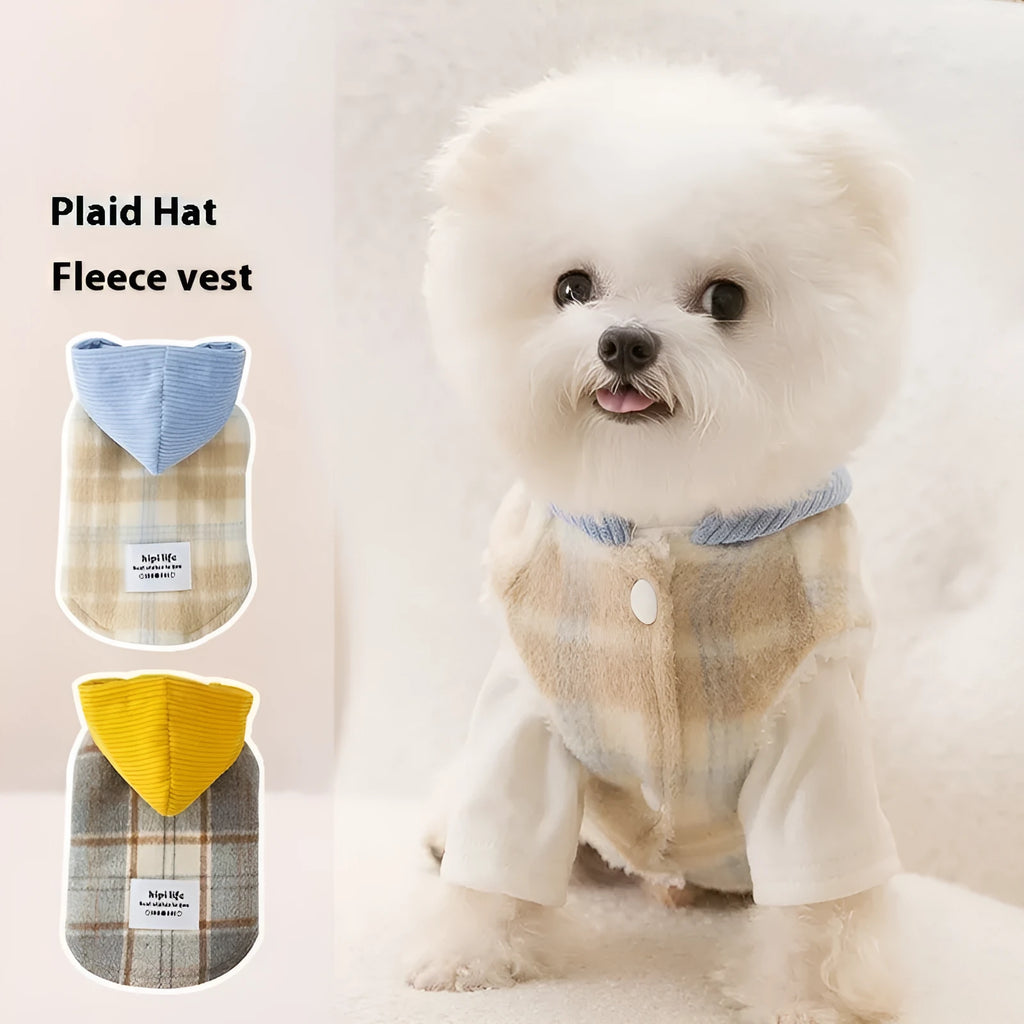 Blue chessboard grid corduroy hooded traction vest for small dogs with sizing guide