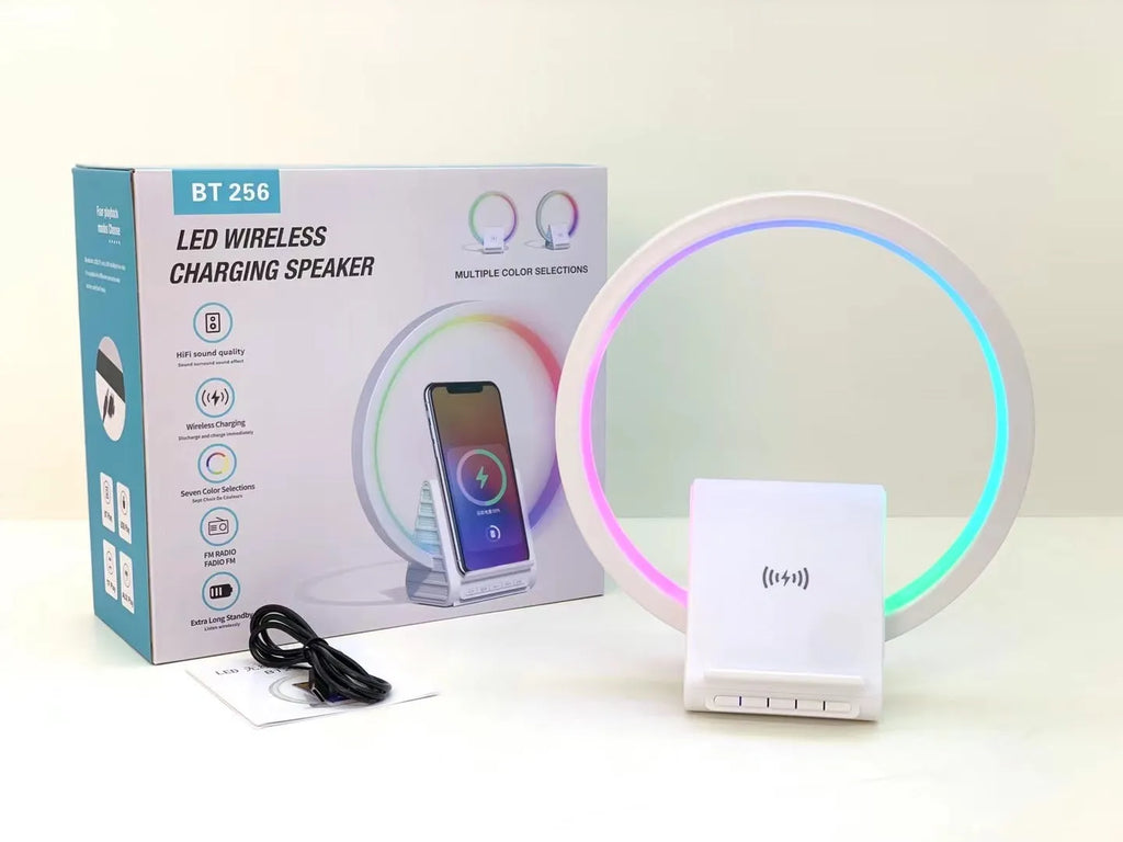 White smart Bluetooth speaker with wireless charging pad and ambient lighting, measuring 225x200x10mm