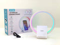 White smart Bluetooth speaker with wireless charging pad and ambient lighting, measuring 225x200x10mm