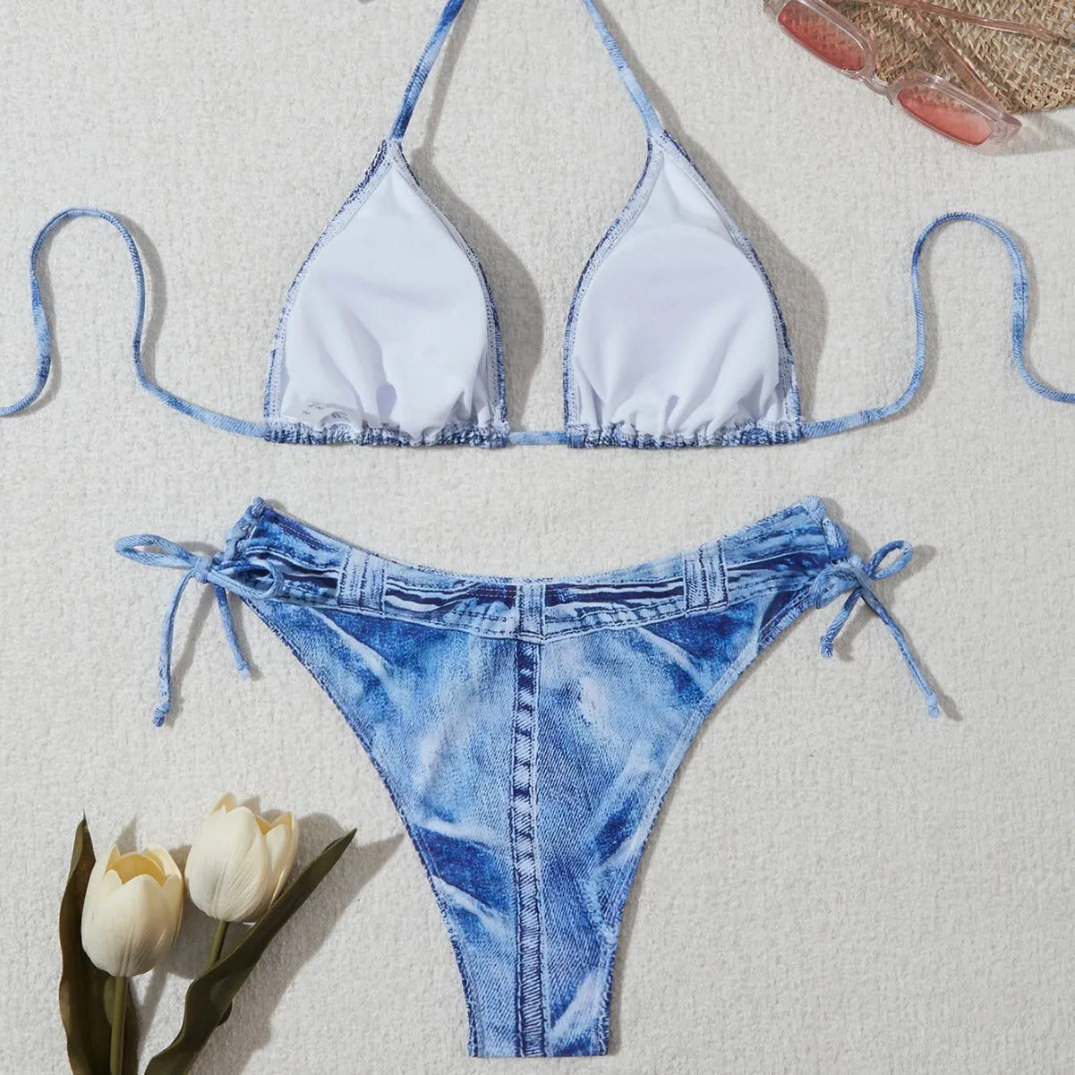 Denim blue women's bikini set with printed straps and triangle top design