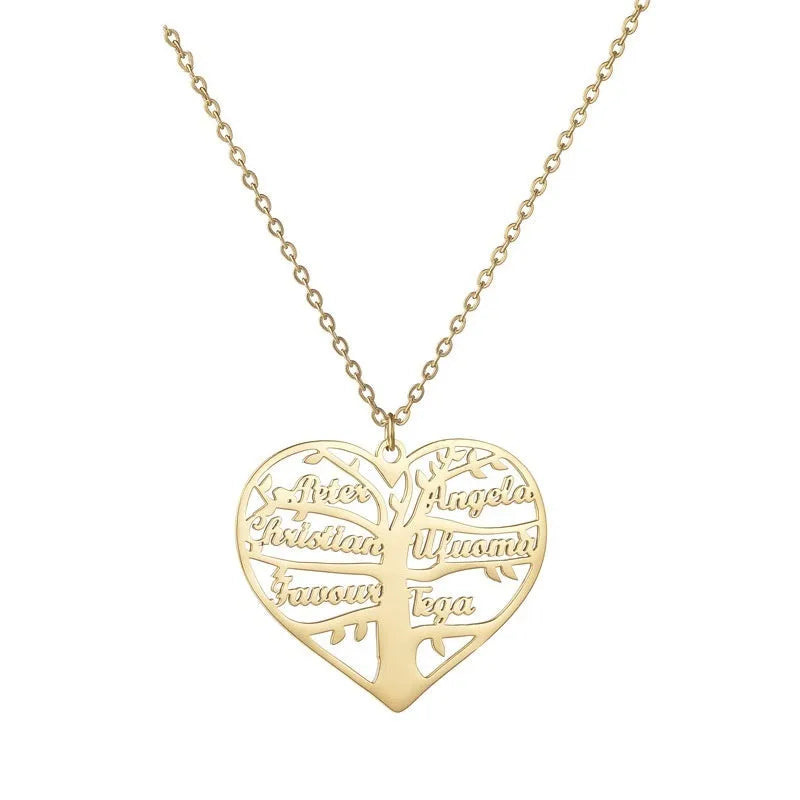 Custom hollow heart lucky tree titanium steel necklace with engraved names in silver gold and rose gold finishes