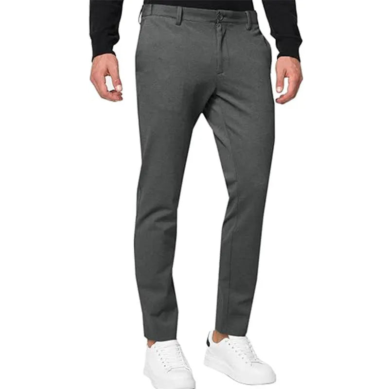 Men's slim-fit tapered chino trousers in a cotton blend fabric, shown in solid colour options.