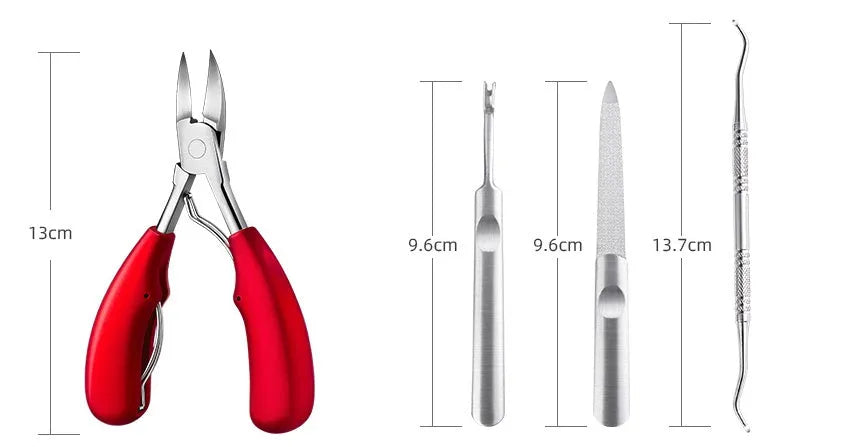 Stainless steel nail clippers set with red, black and blue ABS handles and grooming tools