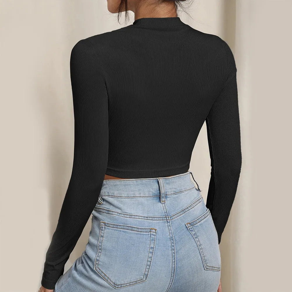 Women's slim-fit ribbed polyester top with high neck and hollow-out bust cup detail