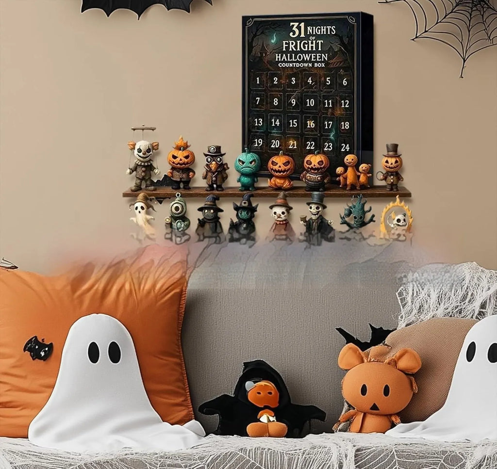 Halloween advent countdown box with horror doll figurines showing 31 compartments for daily surprises